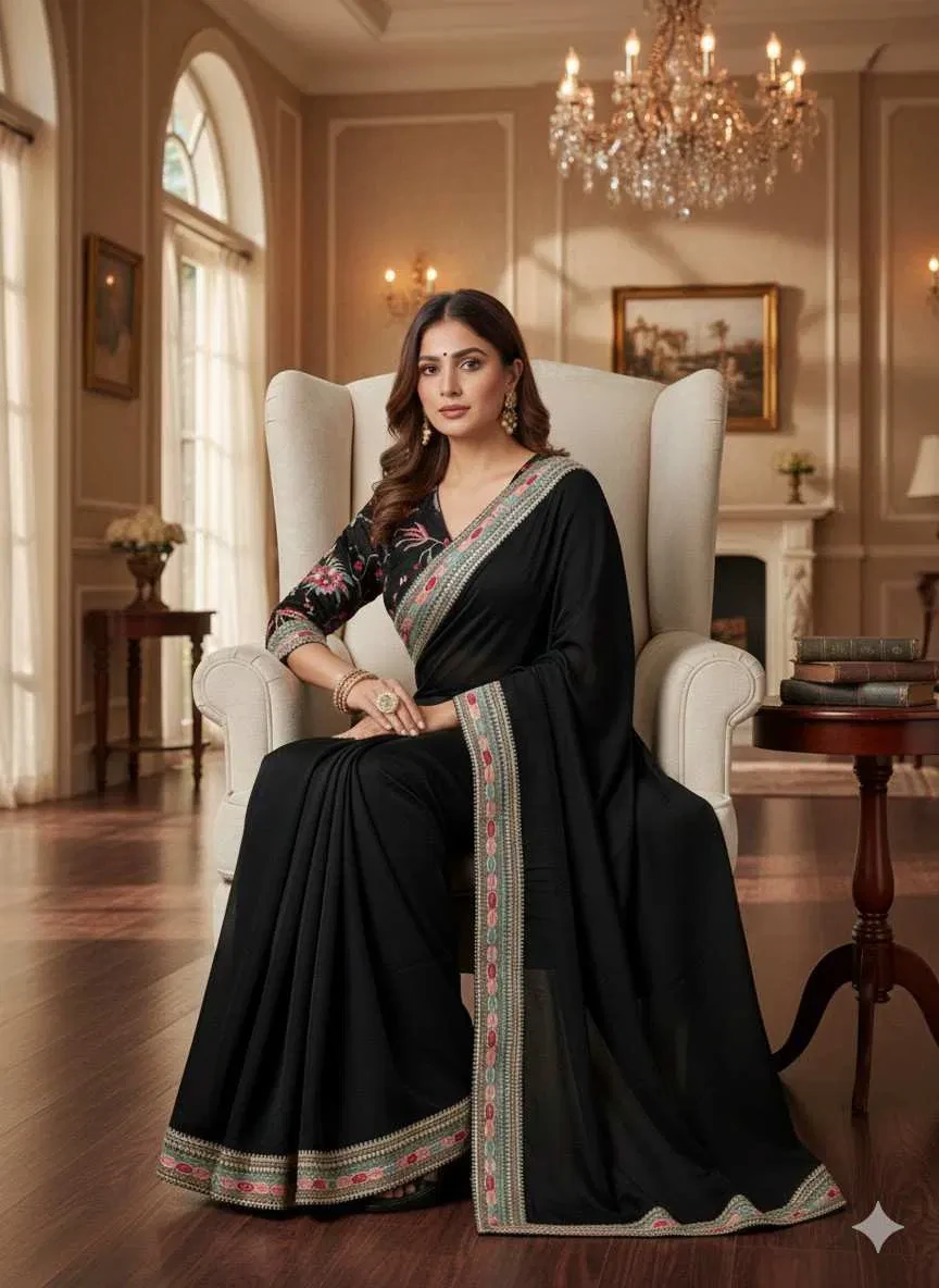 Kc 2093 Space Silk Multi Thread Sequence Embroidery Designer Saree Collection