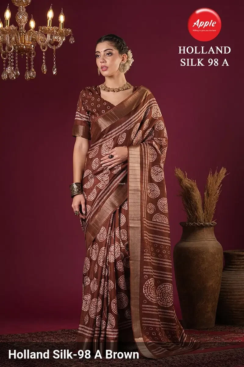 Apple Holland Silk 98 Silk Blend Brown Printed Party Wear Saree Collection