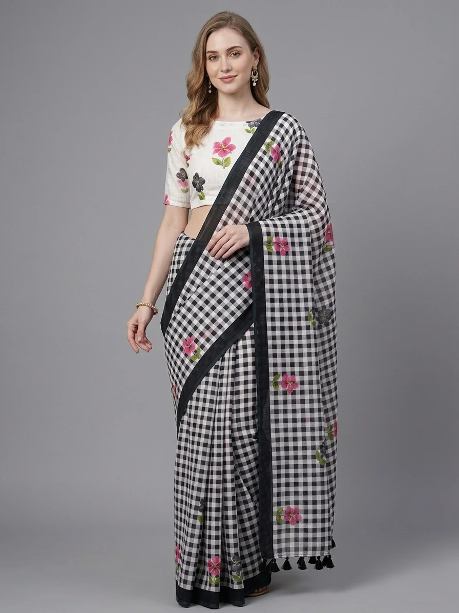 Scmg Check a Linen Woven Floral Printed Fancy Saree Collection