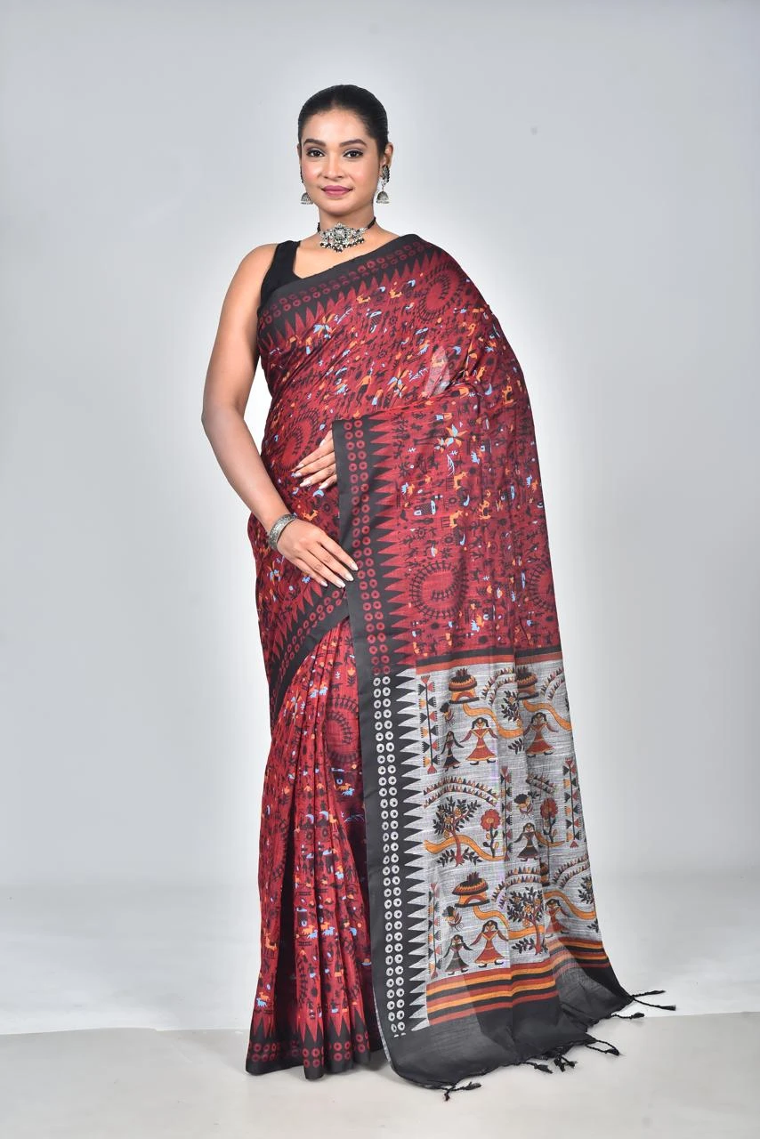 Scvf Warli Linen Cotton Warli Printed Summer Saree Collection