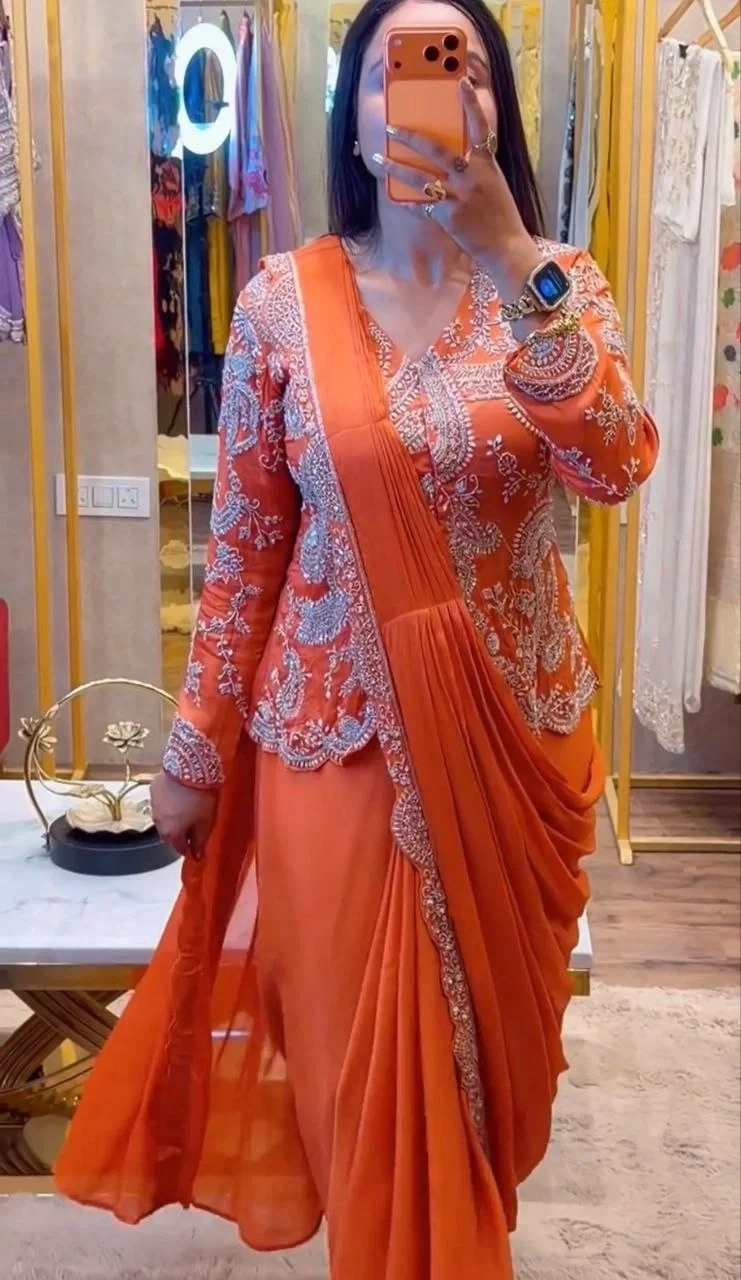 Bt 7152 Chinon Embroidery Sequence Worked Koti with Ready to Wear Saree