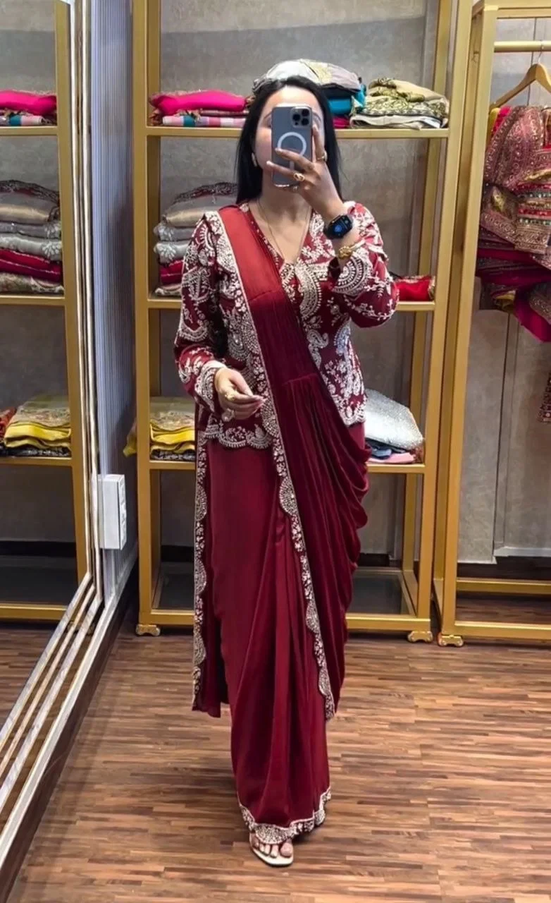 Bt 7152 Chinon Embroidery Sequence Worked Koti with Ready to Wear Saree
