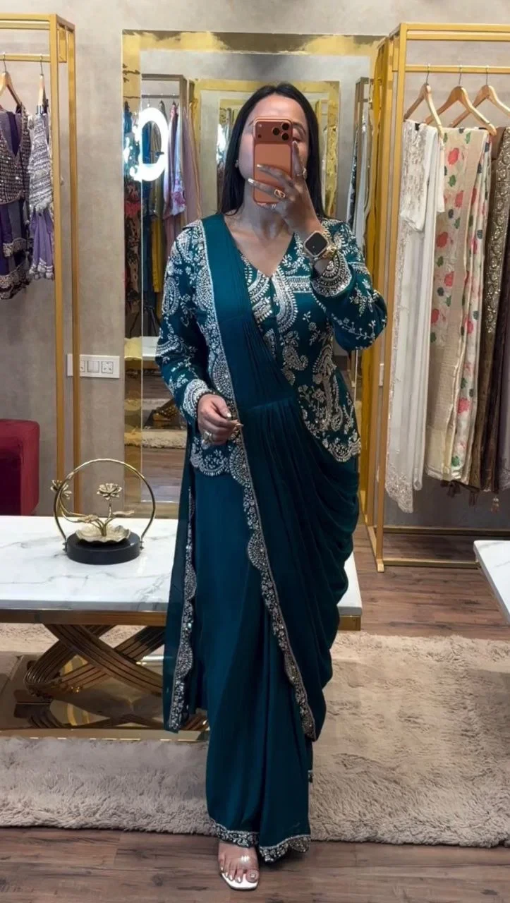 Bt 7152 Chinon Embroidery Sequence Worked Koti with Ready to Wear Saree