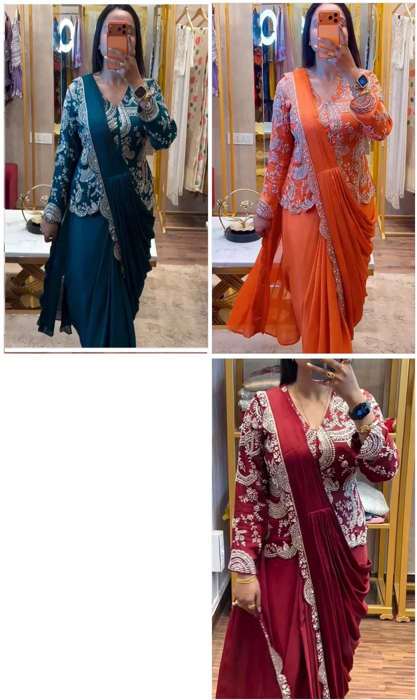 Bt 7152 Chinon Embroidery Sequence Worked Koti with Ready to Wear Saree